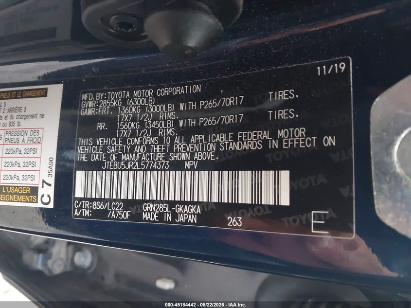 2020 Toyota 4runner VIN JTEBU5JR2L5774373 IAAI salvage auction — FRONT END, Salvage (North Carolina), sold $5,000 on 2026-07-31 (photo 9)