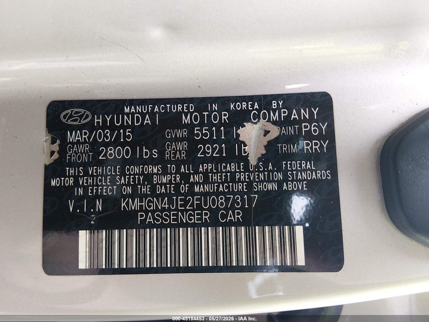 2015 Hyundai Genesis VIN KMHGN4JE2FU087317 IAAI salvage auction — FRONT END, Salvage Title, sold $1,150 on 2026-07-22 (photo 9)