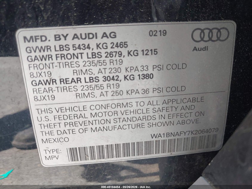 2019 Audi Q5 VIN WA1BNAFY7K2064079 IAAI salvage auction — FRONT END, Salvage Title, sold $7,600 on 2026-07-14 (photo 9)