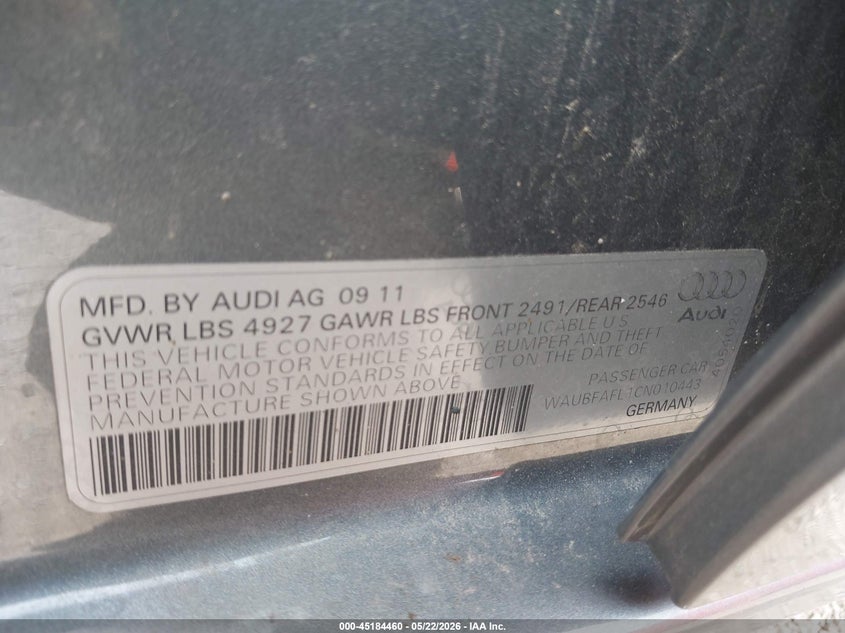 2012 Audi A4 VIN WAUBFAFL1CN010443 IAAI salvage auction — HAIL, Salvage (Illinois), sold $525 on 2026-07-22 (photo 9)