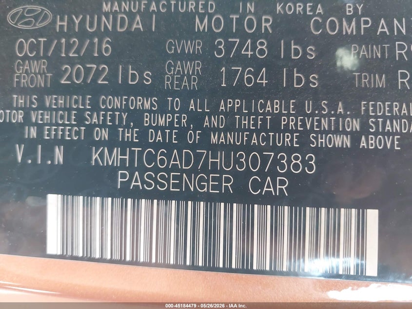 2017 Hyundai Veloster VIN KMHTC6AD7HU307383 IAAI salvage auction — FRONT END, Salvage Title, sold $675 on 2026-07-15 (photo 9)