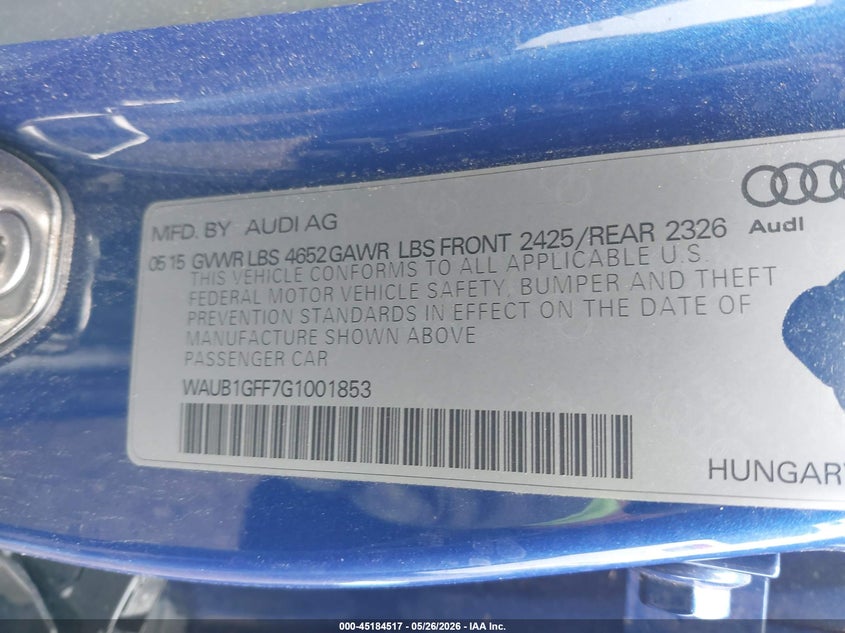 2016 Audi S3 VIN WAUB1GFF7G1001853 IAAI salvage auction — SIDE, Salvage Title, sold $9,200 on 2026-08-04 (photo 9)