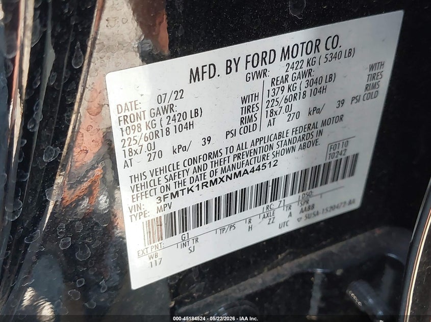 2022 Ford Mustang mach-e VIN 3FMTK1RMXNMA28388 IAAI salvage auction — REAR END, Salvage (California), sold $7,100 on 2026-08-27 (photo 9)