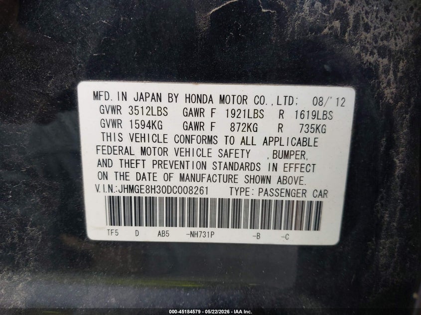 2013 Honda Fit VIN JHMGE8H30DC008261 IAAI salvage auction — LEFT REAR, Original (Texas), sold $1,100 on 2026-07-14 (photo 9)