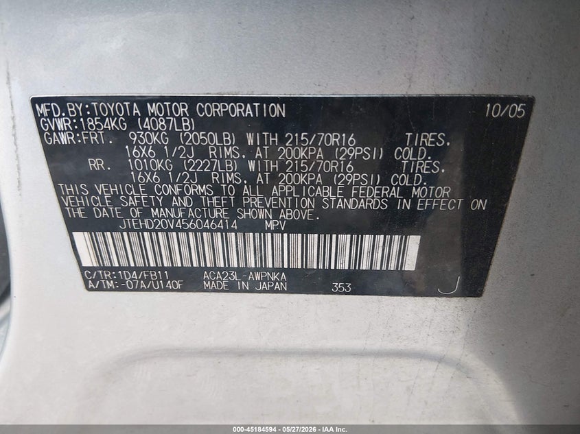 2005 Toyota Rav4 VIN JTEHD20V456046414 IAAI salvage auction — NORMAL WEAR, Original (Kentucky), sold $625 on 2026-07-29 (photo 9)
