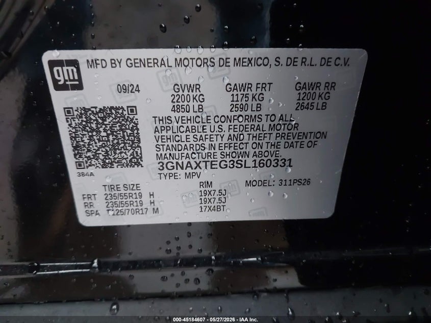 2025 Chevrolet Equinox VIN 3GNAXTEG3SL160331 IAAI salvage auction — FRONT END, Salvage Title, sold $10,200 on 2026-07-29 (photo 9)