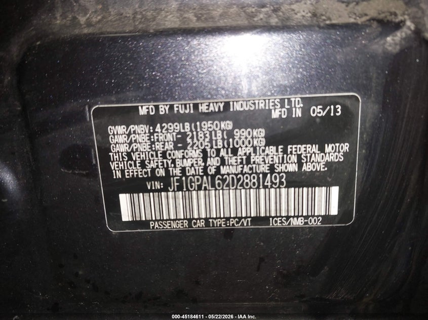 2013 Subaru Impreza VIN JF1GPAL62D2881493 IAAI salvage auction — REAR END, Salvage (Maine), sold $275 on 2026-07-20 (photo 9)