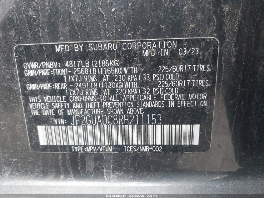 2024 Subaru Xv VIN JF2GUADC8RH211153 IAAI salvage auction — HAIL, Salvage Title, sold $12,575 on 2026-07-21 (photo 9)