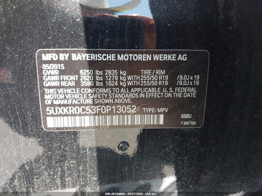 2015 BMW X5 VIN 5UXKR0C53F0P13052 IAAI salvage auction — LEFT FRONT, Salvage (Minnesota), sold $4,200 on 2026-07-20 (photo 9)