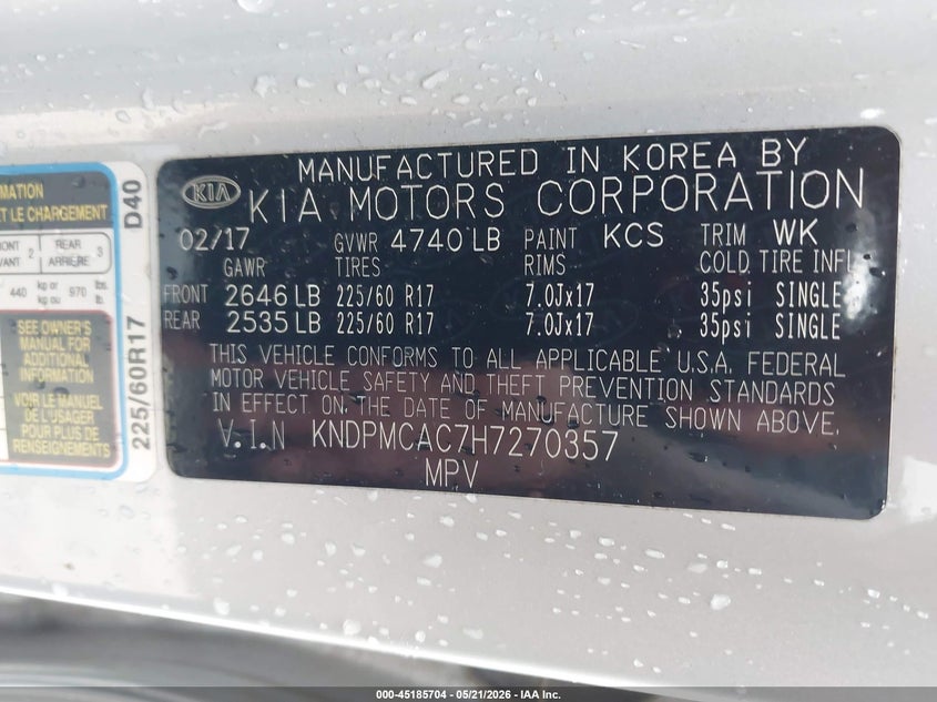 2017 Kia Sportage VIN KNDPMCAC7H7270357 IAAI salvage auction — ENGINE BURN, Salvage (Texas), sold $25 on 2026-07-30 (photo 9)