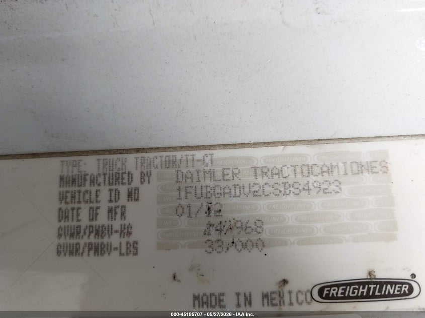 2012 Freightliner Cascadia 113 VIN 1FUBGADV2CSBS4923 IAAI salvage auction — MECHANICAL, Clear (Kansas), sold $725 on 2026-07-08 (photo 8)