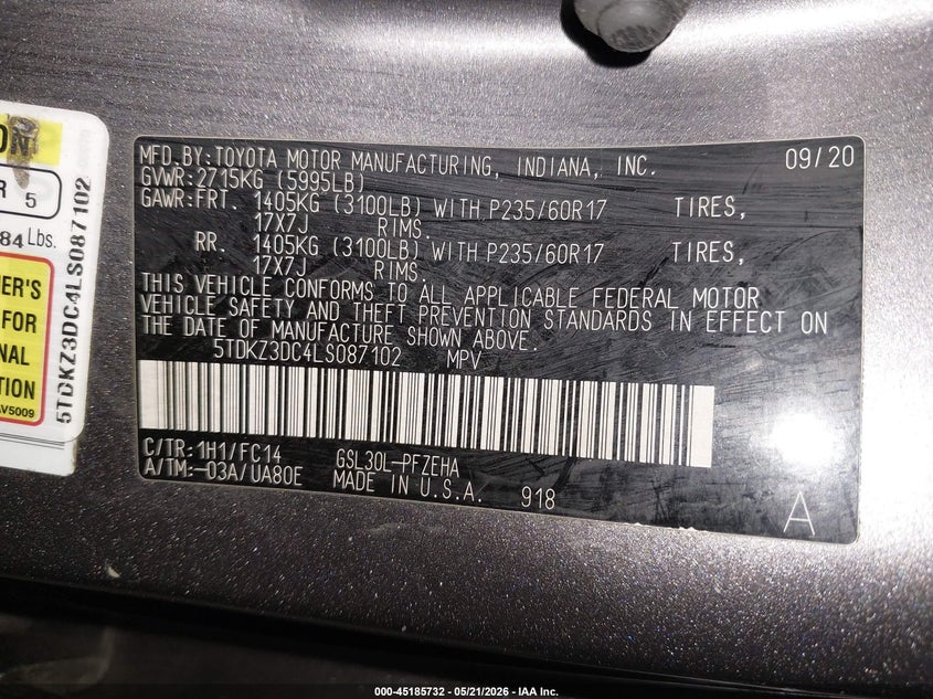 2020 Toyota Sienna VIN 5TDKZ3DC4LS087102 IAAI salvage auction — REAR END, Salvage Title, sold $3,900 on 2026-07-28 (photo 9)