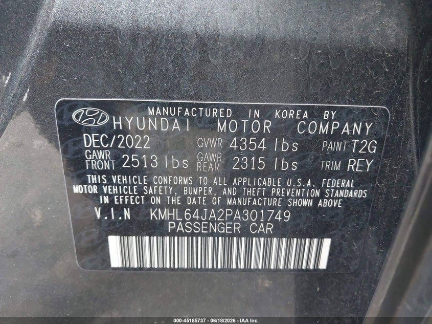 2023 Hyundai Sonata VIN KMHL64JA2PA301749 IAAI salvage auction — SIDE, Salvage Title, sold $4,250 on 2026-07-28 (photo 9)