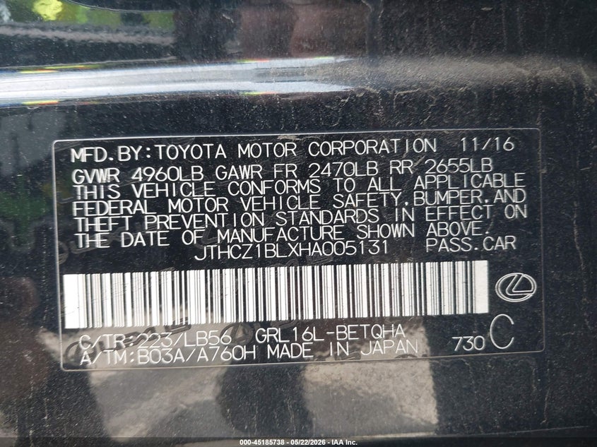 2017 Lexus VIN JTHCZ1BLXHA005131 IAAI salvage auction — THEFT, Salvage (Massachusetts), sold $8,200 on 2026-07-24 (photo 9)