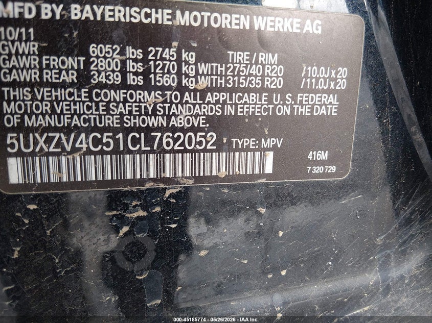 2012 BMW X5 VIN 5UXZV4C51CL762052 IAAI salvage auction — FRONT END, Salvage (Idaho), sold $900 on 2026-07-17 (photo 9)