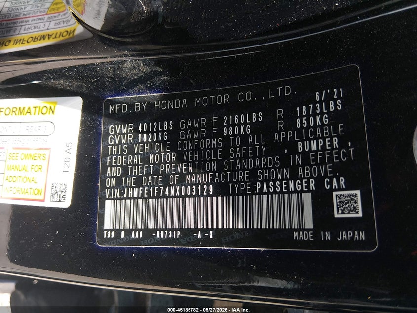 2022 Honda Civic VIN JHMFE1F74NX003129 IAAI salvage auction — RIGHT REAR, Salvage (Kentucky), sold $3,900 on 2026-07-29 (photo 9)