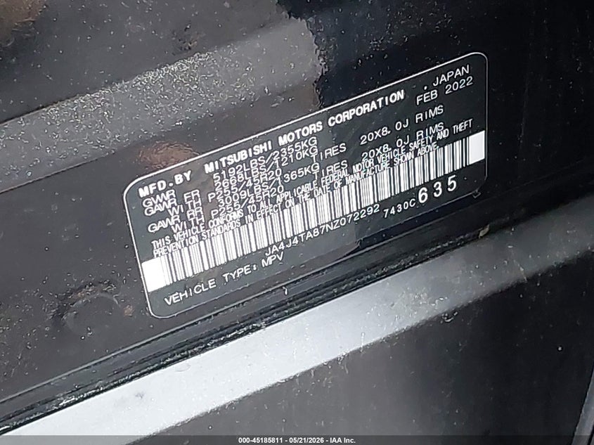 2022 Mitsubishi Outlander VIN JA4J4TA87NZ072292 IAAI salvage auction — ALL OVER, Mv-907A (New York), sold $4,450 on 2026-07-14 (photo 9)