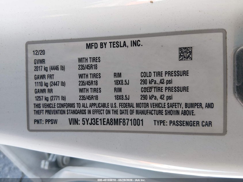 2021 Tesla Model 3 VIN 5YJ3E1EA8MF871001 IAAI salvage auction — FRONT END, Salvage Title, sold $5,300 on 2026-07-12 (photo 8)