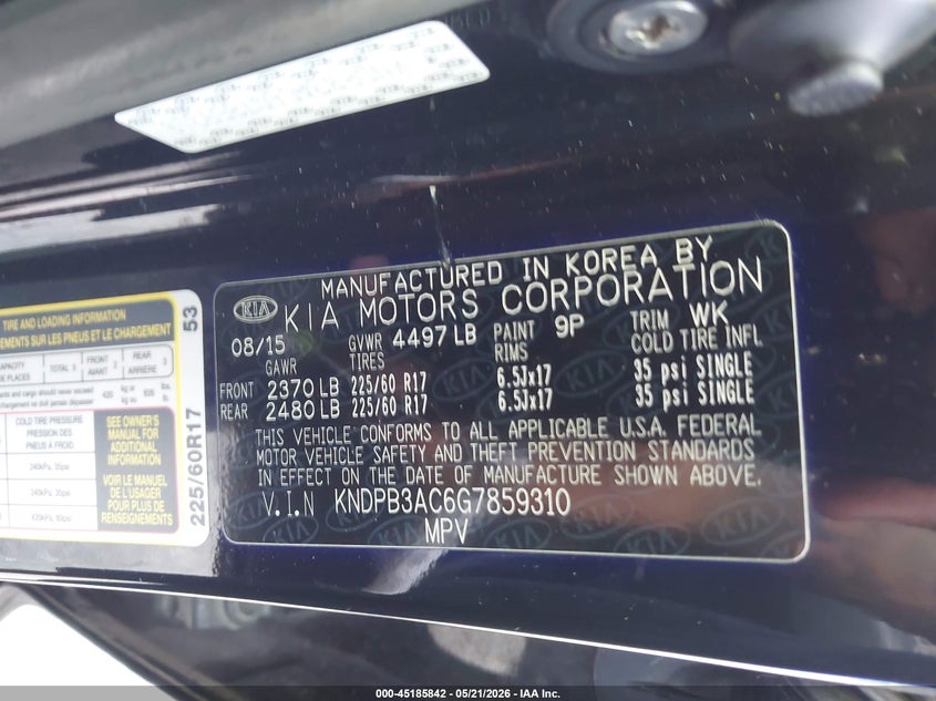 2016 Kia Sportage VIN KNDPB3AC6G7859310 IAAI salvage auction — UNKNOWN, Rebuildable (Florida), sold $1,600 on 2026-07-28 (photo 9)