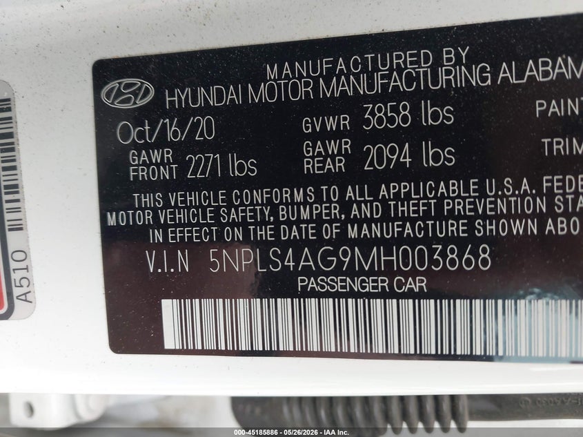 2021 Hyundai Elantra VIN 5NPLS4AG9MH003868 IAAI salvage auction — FRONT END, Salvage (Minnesota), sold $4,000 on 2026-07-15 (photo 9)