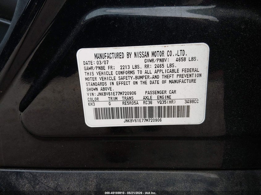 2007 Infiniti G VIN JNKBV61E77M720906 IAAI salvage auction — REAR END, Salvage - Greater Than 75% (Maryland), sold $450 on 2026-07-15 (photo 9)