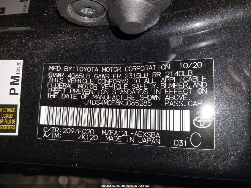 2021 Toyota Corolla VIN JTDS4MCE8MJ065285 IAAI salvage auction — FRONT END, Salvage (North Carolina), sold $3,875 on 2026-07-24 (photo 9)