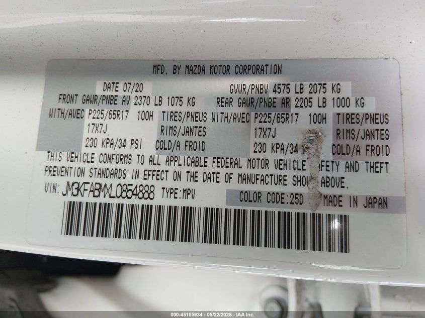 2020 Mazda Cx-5 VIN JM3KFABMXL0854888 IAAI salvage auction — FRONT END, Salvage Title, sold $3,350 on 2026-07-24 (photo 9)
