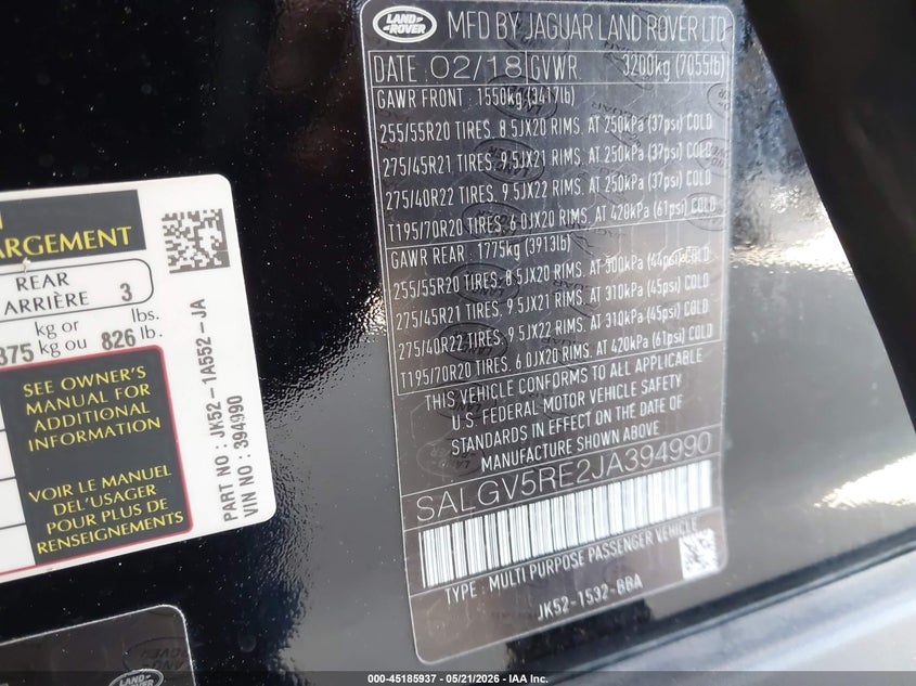2018 Land rover RANGE ROVER VIN SALGV5RE2JA394990 IAAI salvage auction — RIGHT FRONT, Salvage (California), sold $12,600 on 2026-07-29 (photo 9)