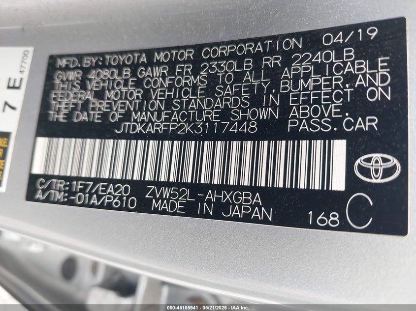 2019 Toyota Prius VIN JTDKARFP2K3117448 IAAI salvage auction — RIGHT REAR, Mv-907A (New York), sold $6,575 on 2026-07-07 (photo 9)