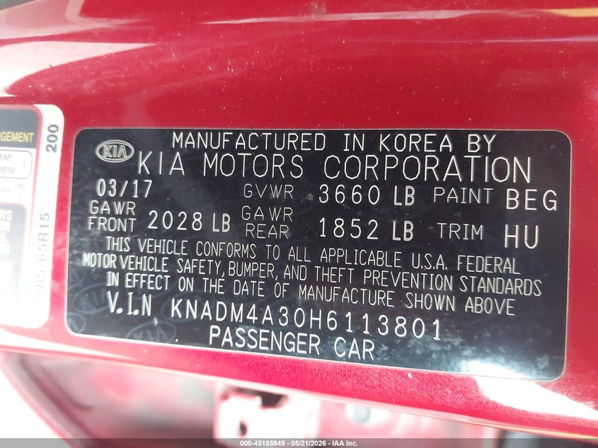 2017 Kia Rio VIN KNADM4A30H6113801 IAAI salvage auction — FRONT END, Salvage (Georgia), sold $300 on 2026-07-08 (photo 9)