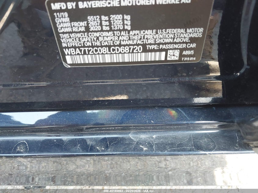 2020 BMW 7er VIN WBA7T2C08LCD68720 IAAI salvage auction — HAIL, Salvage Title, sold $15,200 on 2026-07-31 (photo 9)