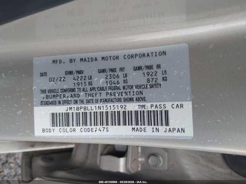 2022 Mazda 3 VIN JM1BPBLL1N1515192 IAAI salvage auction — FRONT END, Salvage Title, sold $6,000 on 2026-08-26 (photo 9)