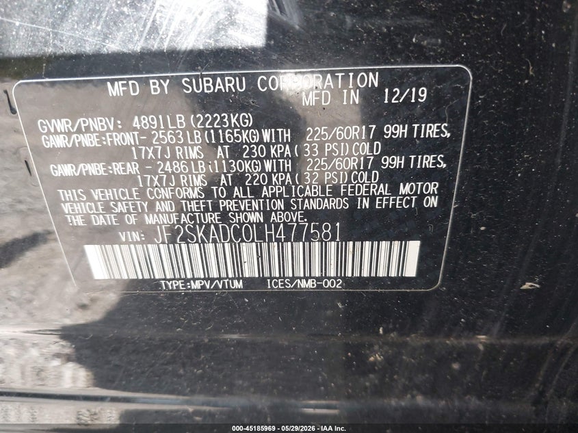2020 Subaru Forester VIN JF2SKADC0LH477581 IAAI salvage auction — FRONT END, Salvage Title, sold $1,475 on 2026-07-14 (photo 9)