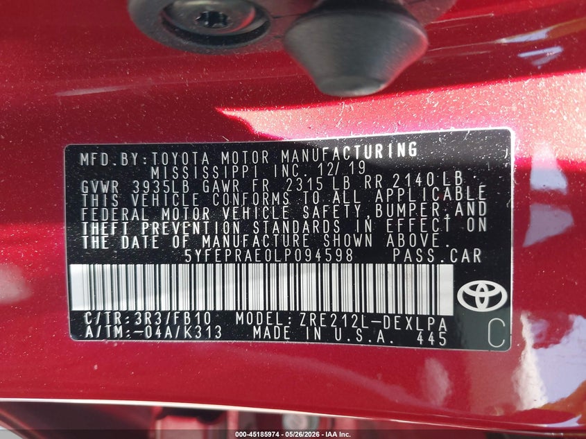 2020 Toyota Corolla VIN 5YFEPRAE0LP094598 IAAI salvage auction — FRONT & REAR, Salvage Title, sold $3,900 on 2026-07-21 (photo 9)
