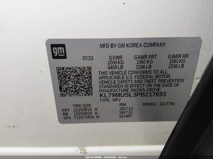 2023 Chevrolet Trailblazer VIN KL79MUSL3PB217693 IAAI salvage auction — RIGHT SIDE, Salvage Title, sold $6,725 on 2026-07-28 (photo 9)