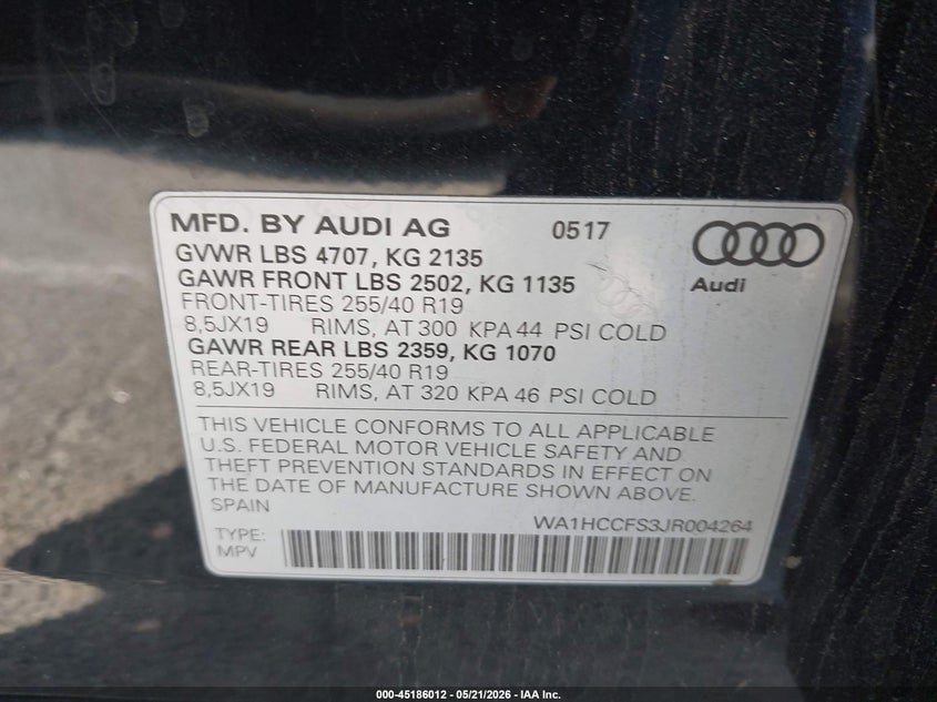 2018 Audi Q3 VIN WA1HCCFS3JR004264 IAAI salvage auction — RIGHT FRONT, Salvage (California), sold $1,400 on 2026-07-23 (photo 9)