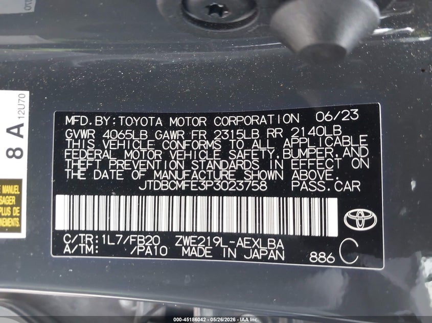 2023 Toyota Corolla VIN JTDBCMFE3P3023758 IAAI salvage auction — UNDERCARRIAGE, Original (Texas), sold $5,600 on 2026-07-29 (photo 9)
