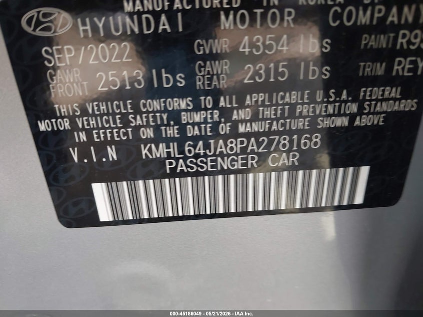 2023 Hyundai Sonata VIN KMHL64JA8PA278168 IAAI salvage auction — RIGHT SIDE, Salvage (Texas), sold $5,600 on 2026-07-20 (photo 9)