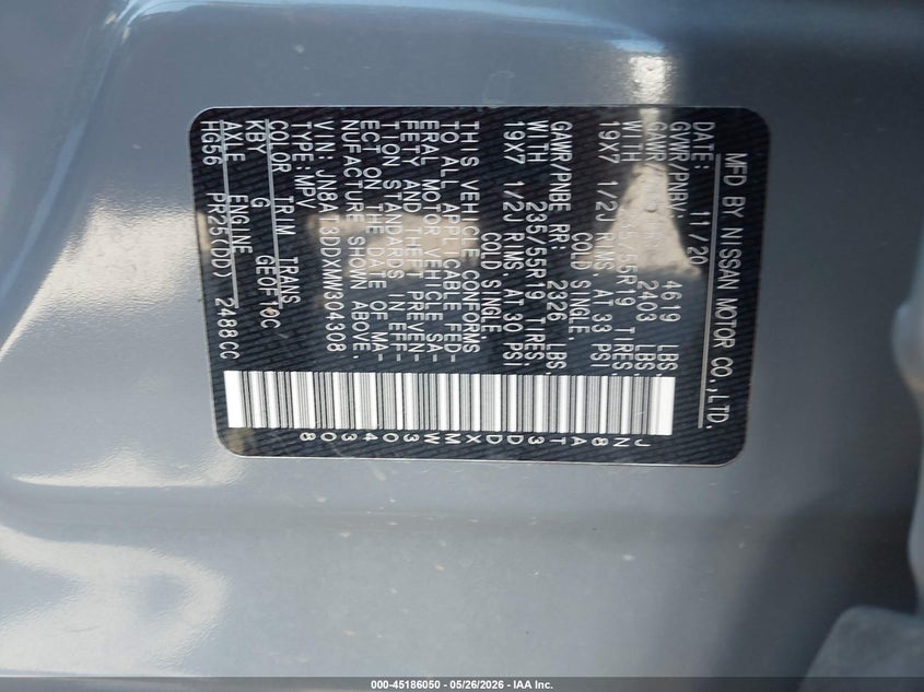 2021 Nissan Rogue VIN JN8AT3DDXMW304308 IAAI salvage auction — HAIL, Clear (Missouri), sold $12,850 on 2026-07-09 (photo 9)