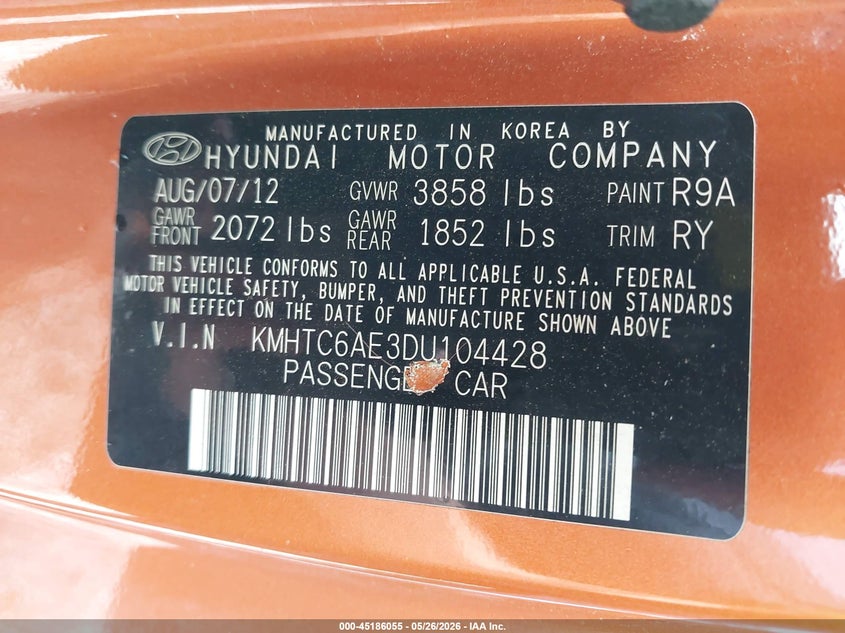 2013 Hyundai Veloster VIN KMHTC6AE3DU104428 IAAI salvage auction — HAIL, Salvage Title, sold $550 on 2026-07-13 (photo 9)