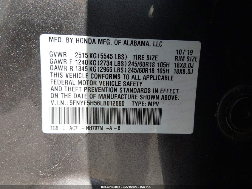 2020 Honda Pilot VIN 5FNYF5H56LB012660 IAAI salvage auction — REAR END, Salvage (Nevada), sold $4,050 on 2026-07-25 (photo 9)