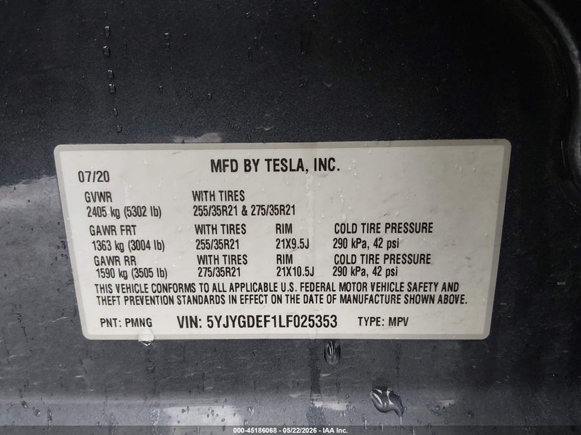 2020 Tesla Model y VIN 5YJYGDEF1LF025353 IAAI salvage auction — FRONT END, Salvage (Ohio), sold $11,500 on 2026-07-18 (photo 9)