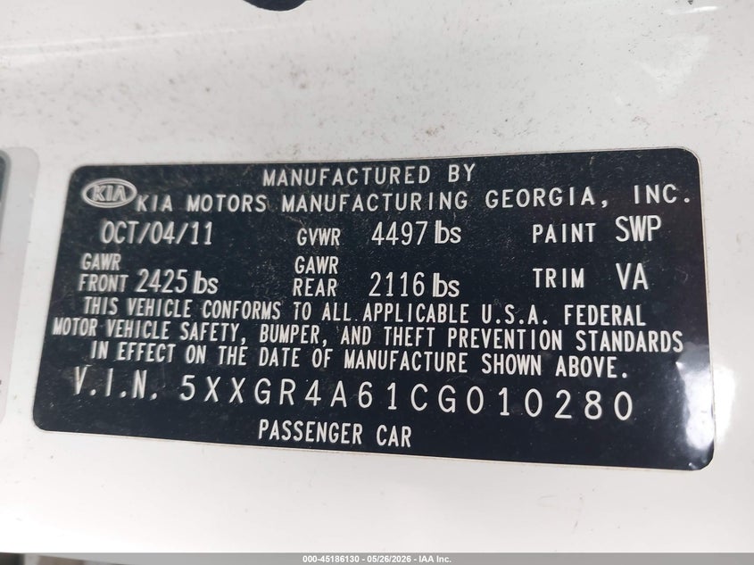 2012 Kia Optima VIN 5XXGR4A61CG010280 IAAI salvage auction — LEFT FRONT, Salvage (Montana), sold $1,200 on 2026-07-15 (photo 9)
