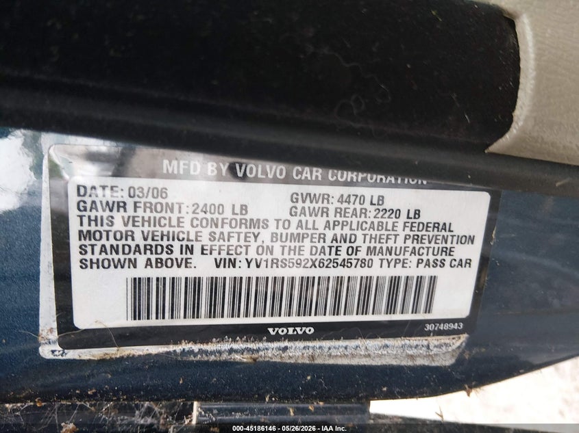 2006 Volvo S60 VIN YV1RS592X62545780 IAAI salvage auction — NORMAL WEAR, Clear (Virginia), sold $1,350 on 2026-08-07 (photo 9)