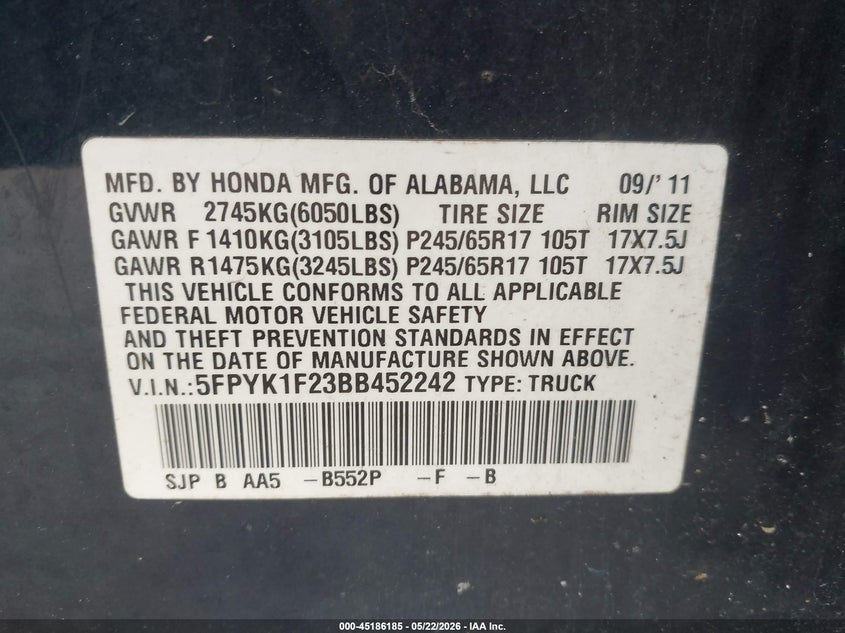 2011 Honda Ridgeline VIN 5FPYK1F23BB452242 IAAI salvage auction — FRONT END, Salvage - Greater Than 75% (Maryland), sold $650 on 2026-07-21 (photo 9)