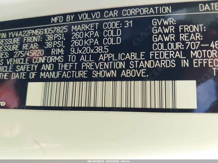 2016 Volvo Xc90 VIN YV4A22PM6G1057825 IAAI salvage auction — HAIL, Original (Texas), sold $7,100 on 2026-07-06 (photo 9)
