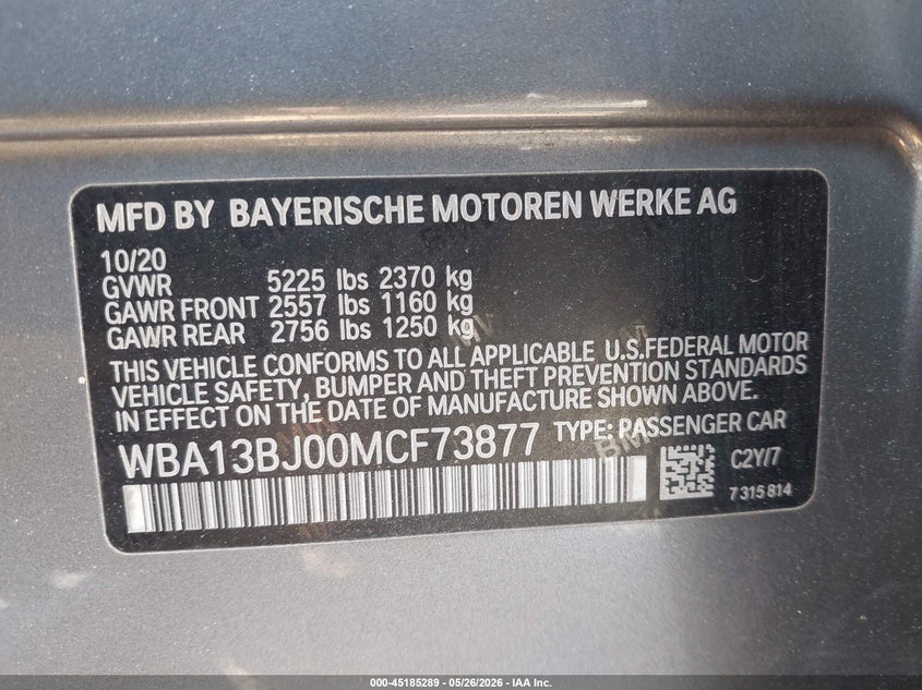 2021 BMW 5er VIN WBA13BJ00MCF73877 IAAI salvage auction — FRONT END, Mv-907A (New York), sold $4,400 on 2026-07-07 (photo 9)
