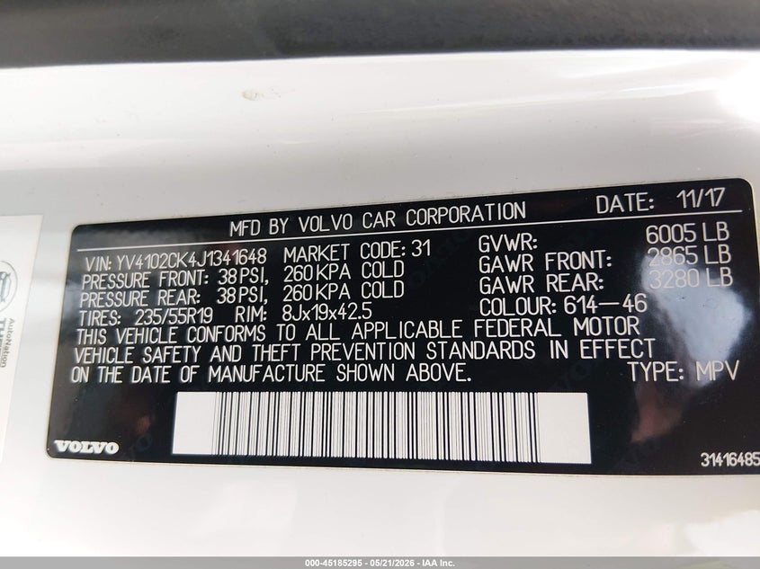 2018 Volvo Xc90 VIN YV4102CK4J1341648 IAAI salvage auction — FRONT END, Salvage (Mississippi), sold $5,000 on 2026-07-12 (photo 9)