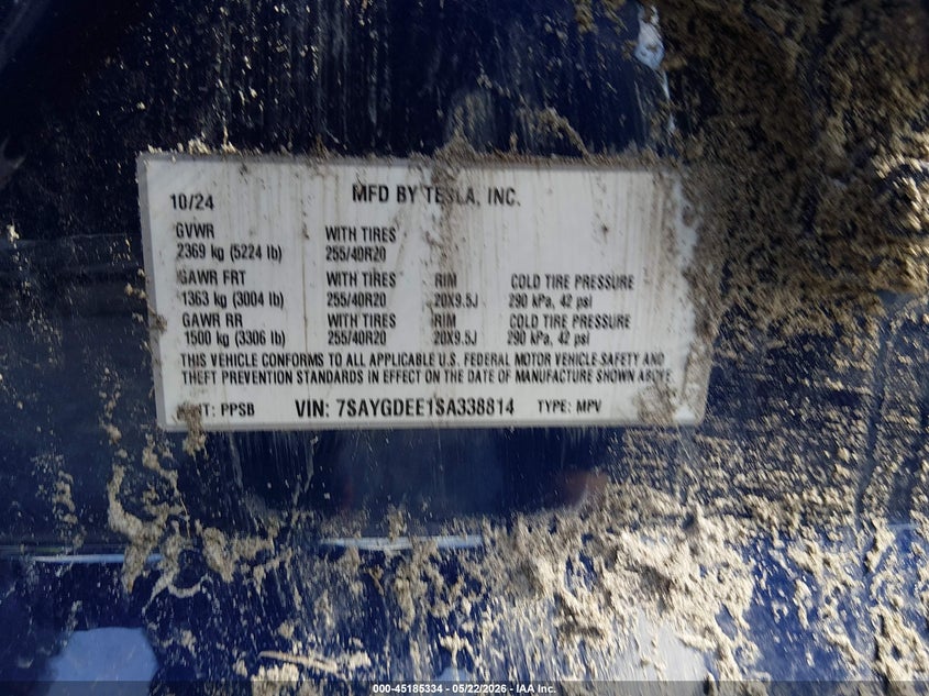 2025 Tesla Model y VIN 7SAYGDEE1SA338814 IAAI salvage auction — BIO HAZARD, Certificate Of Destruction (Florida), sold $125 on 2026-07-23 (photo 9)