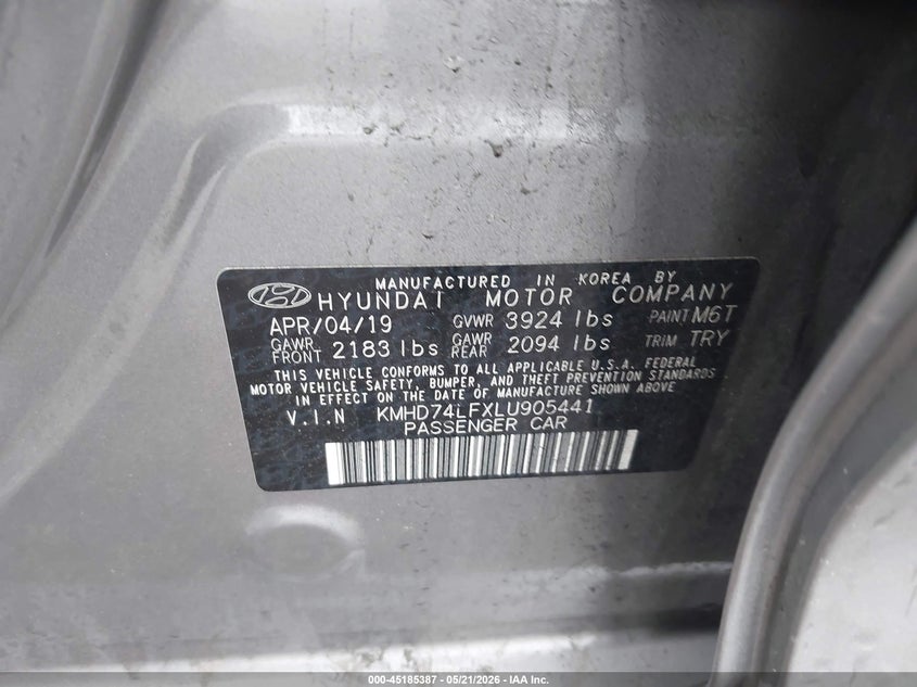 2020 Hyundai Elantra VIN KMHD74LFXLU905441 IAAI salvage auction — ALL OVER, Salvage (Pennsylvania), sold $2,650 on 2026-07-24 (photo 9)